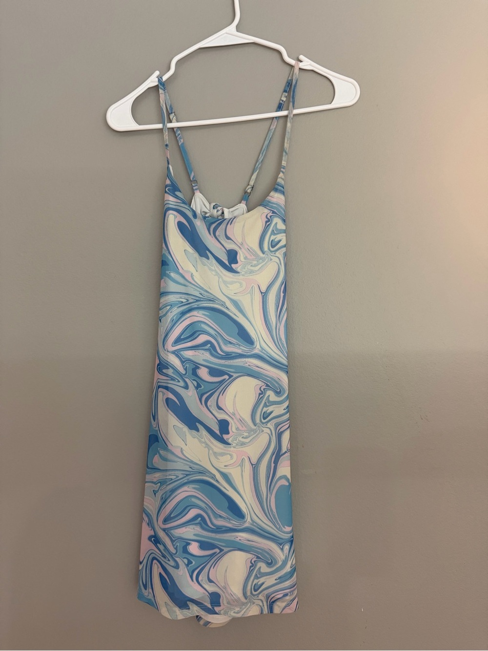 Marble-Print Dress in Blue and Cream and Pink